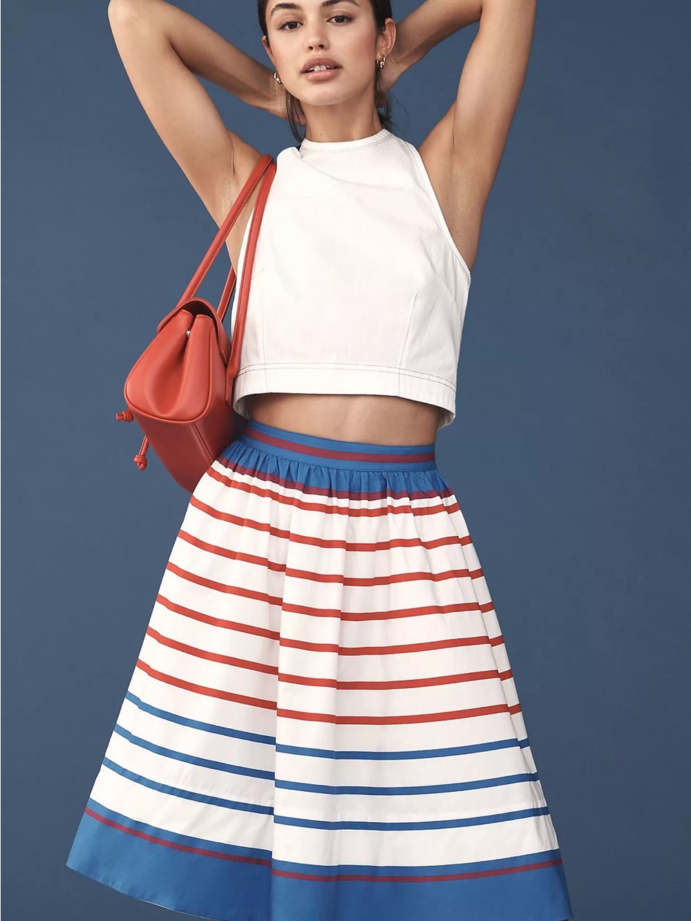 Anthropologie White Midi Skirt with Red & Blue Stripes